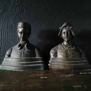 Pair of Antique 1920s Armor Bronze Dutch Man & Woman Bookends Bronze Busts